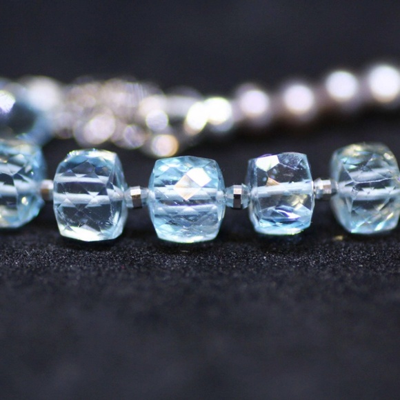 Solid 14k White Gold Natural Pearl, Sky Blue Topaz Necklace 17.5" - 18.1" - Picture 4 of 9